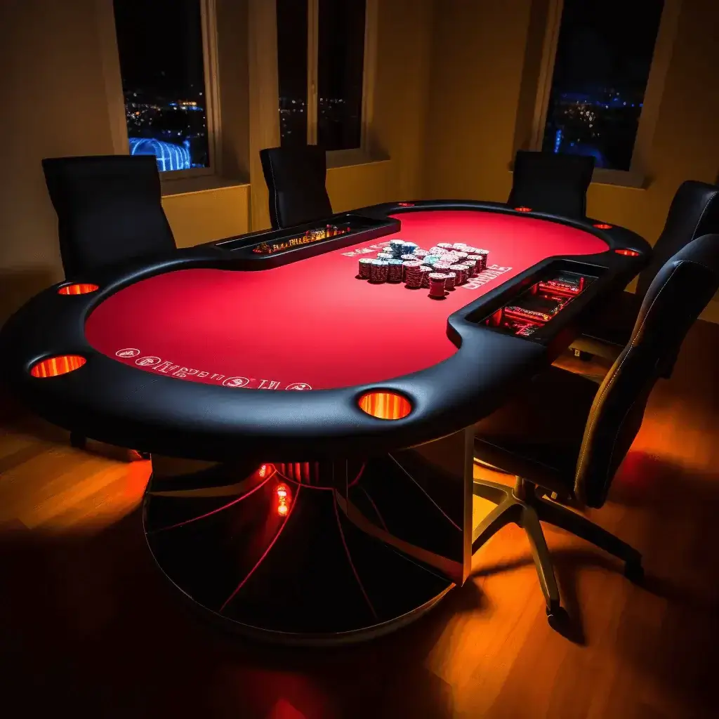 Table de poker rouge et noir avec des lumières